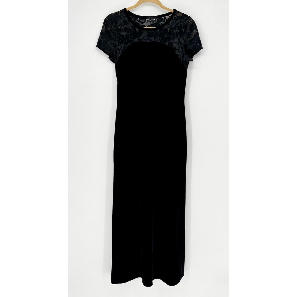 VTG 90s My Michelle Black Velvet Maxi Dress Sheer Lace Yoke Whimsigoth Goth 9/10